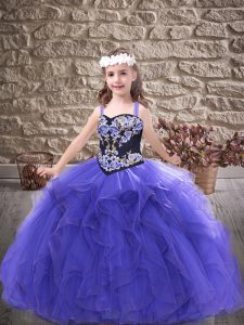 Sleeveless Floor Length Embroidery and Ruffles Lace Up Little Girl Pageant Gowns with Purple