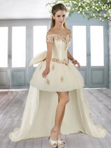 Eye-catching Organza Short Sleeves High Low Prom Gown and Beading and Appliques