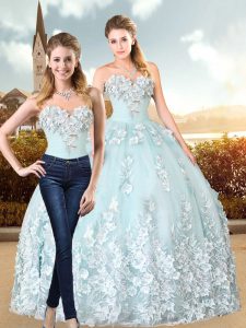 Sweetheart Sleeveless Quince Ball Gowns Floor Length Appliques Light Blue Tulle