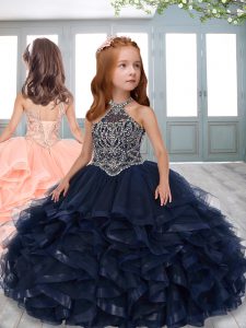 Navy Blue Halter Top Neckline Beading and Ruffles Little Girl Pageant Gowns Sleeveless Lace Up