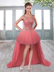 Perfect Watermelon Red Sleeveless Tulle Lace Up Prom Evening Gown for Prom and Party and Military Ball