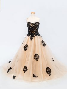 Sleeveless Appliques Lace Up Girls Pageant Dresses with Peach Brush Train