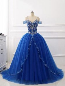 New Arrival Royal Blue Tulle Lace Up Off The Shoulder Sleeveless Quinceanera Gowns Brush Train Beading