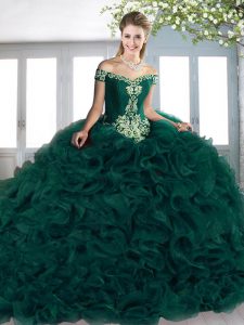Trendy Off The Shoulder Organza 15 Quinceanera Dress Beading and Appliques and Ruffles Court Train Lace Up