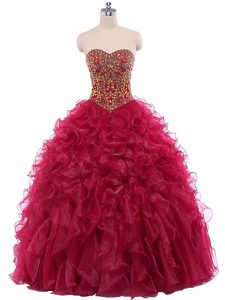 Wine Red Ball Gown Prom Dress Military Ball and Sweet 16 and Quinceanera with Beading and Ruffles Sweetheart Sleeveless 