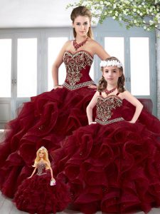 Burgundy 15th Birthday Dress Military Ball and Sweet 16 and Quinceanera with Beading and Embroidery and Ruffles Sweethea