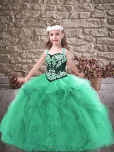 Perfect Turquoise Lace Up Straps Embroidery and Ruffles Little Girls Pageant Gowns Tulle Sleeveless