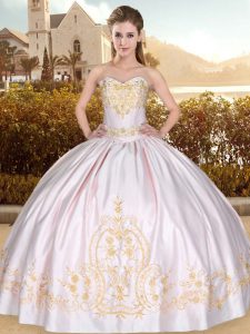 Pink Satin Lace Up Quinceanera Dress Sleeveless Floor Length Embroidery