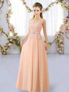 Edgy Lace and Belt Quinceanera Court Dresses Peach Lace Up Sleeveless Floor Length