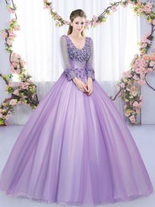 Colorful Lace and Appliques Vestidos de Quinceanera Lavender Zipper Long Sleeves Floor Length