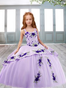 Admirable Lavender Custom Made Pageant Dress Straps Sleeveless Sweep Train Lace Up