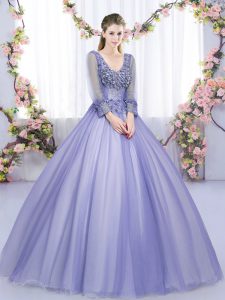 Sweet Lavender Long Sleeves Tulle Lace Up Sweet 16 Quinceanera Dress for Military Ball and Sweet 16 and Quinceanera