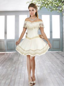 Cap Sleeves Satin Mini Length Prom Party Dress in White with Beading and Lace