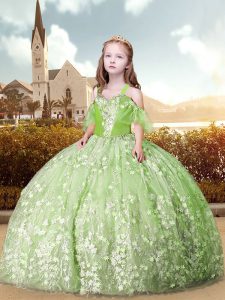 Tulle Off The Shoulder Short Sleeves Lace Up Appliques Kids Pageant Dress in Yellow Green