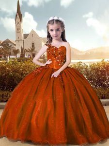 Glorious Orange Red Sleeveless Floor Length Beading and Appliques Lace Up Girls Pageant Dresses