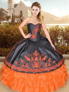 Modern Orange Red Sleeveless Floor Length Embroidery and Ruffled Layers Lace Up Ball Gown Prom Dress