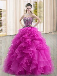 Custom Design Floor Length Ball Gowns Sleeveless Fuchsia 15th Birthday Dress Lace Up
