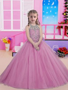 Custom Designed Halter Top Sleeveless Tulle Little Girls Pageant Dress Beading Lace Up