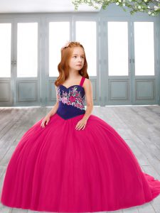 Latest Fuchsia Ball Gowns Embroidery Little Girl Pageant Gowns Lace Up Tulle Sleeveless