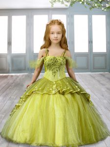 Fancy Olive Green Sleeveless Beading and Appliques Lace Up High School Pageant Dress