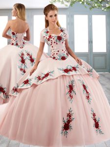 Sumptuous Pink Sweetheart Lace Up Beading and Embroidery Quince Ball Gowns Sweep Train Sleeveless