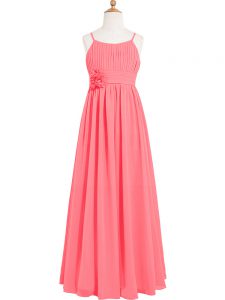 Gorgeous Chiffon Sleeveless Floor Length Homecoming Dress and Pleated and Hand Made Flower