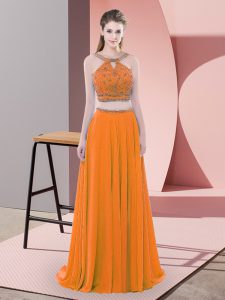Backless Prom Party Dress Orange for Prom and Party with Beading Sweep Train
