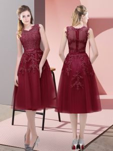 V-neck Sleeveless Lace Up Dress for Prom Burgundy Tulle