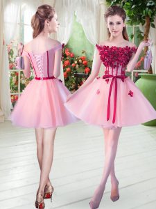 Glamorous Sleeveless Tulle Mini Length Lace Up Homecoming Dress in Pink with Beading and Appliques