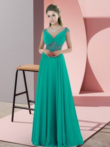 Blue Empire V-neck Sleeveless Satin Backless Beading Dress for Prom