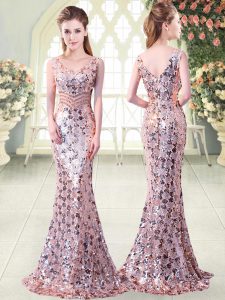 Customized Pink Mermaid Beading Prom Evening Gown Zipper Sequined Sleeveless Floor Length
