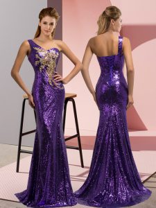 Graceful Purple Lace Up Prom Dresses Beading and Appliques Sleeveless Sweep Train