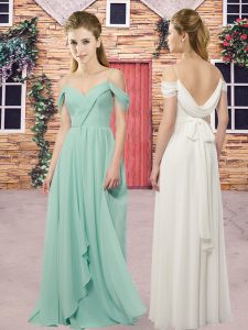 Great Straps Sleeveless Damas Dress Floor Length Ruching Apple Green and Light Blue Chiffon