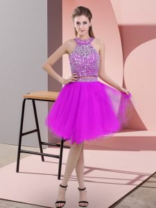 Purple Organza Backless Halter Top Sleeveless Knee Length Prom Gown Beading