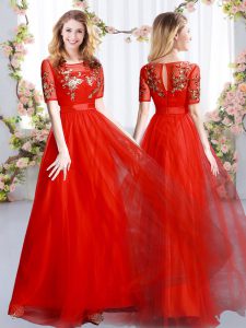 Amazing Red Short Sleeves Floor Length Appliques Zipper Quinceanera Court of Honor Dress