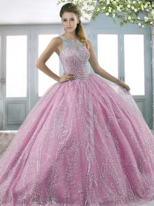 Scoop Sleeveless Sweep Train Lace Up 15th Birthday Dress Rose Pink Tulle