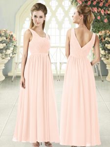 Comfortable Pink Empire V-neck Sleeveless Chiffon Floor Length Zipper Ruching Dress for Prom