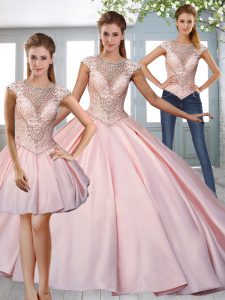 Satin Cap Sleeves Quinceanera Dress Sweep Train and Beading