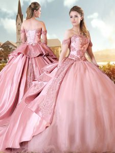 Vintage Pink Quinceanera Dress Military Ball and Sweet 16 and Quinceanera with Beading and Appliques Sweetheart Sleevele
