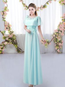 Glittering Aqua Blue Zipper Bridesmaid Dress Appliques Short Sleeves Floor Length