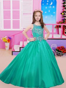 Amazing Turquoise Ball Gowns Beading Kids Formal Wear Lace Up Satin Sleeveless