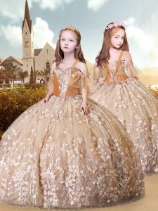 Champagne Short Sleeves Appliques Floor Length Child Pageant Dress