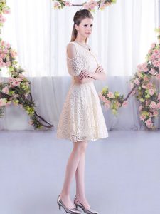 Fine Scoop Short Sleeves Quinceanera Court of Honor Dress Mini Length Lace Champagne