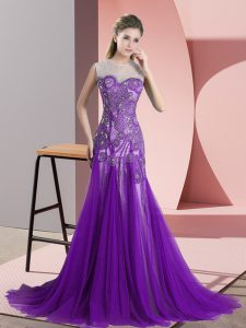Adorable Purple Sleeveless Appliques Backless Evening Dress