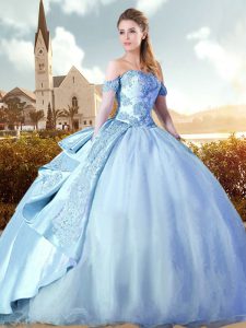 Blue Lace Up Off The Shoulder Beading and Appliques Quinceanera Gown Satin and Tulle Sleeveless Brush Train