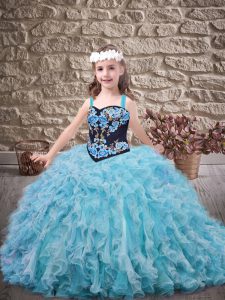 Straps Sleeveless Organza Pageant Dress Wholesale Embroidery and Ruffles Brush Train Lace Up