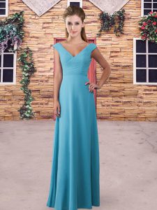 Column/Sheath Quinceanera Court of Honor Dress Aqua Blue V-neck Chiffon Sleeveless Floor Length Lace Up