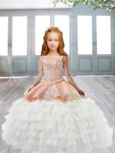 Pink Little Girl Pageant Dress Sweep Train Sleeveless Appliques and Ruffled Layers