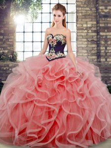Inexpensive Watermelon Red Sleeveless Sweep Train Embroidery and Ruffles 15 Quinceanera Dress