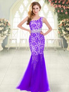 Noble Purple Mermaid Beading and Lace Prom Evening Gown Zipper Tulle Sleeveless Floor Length